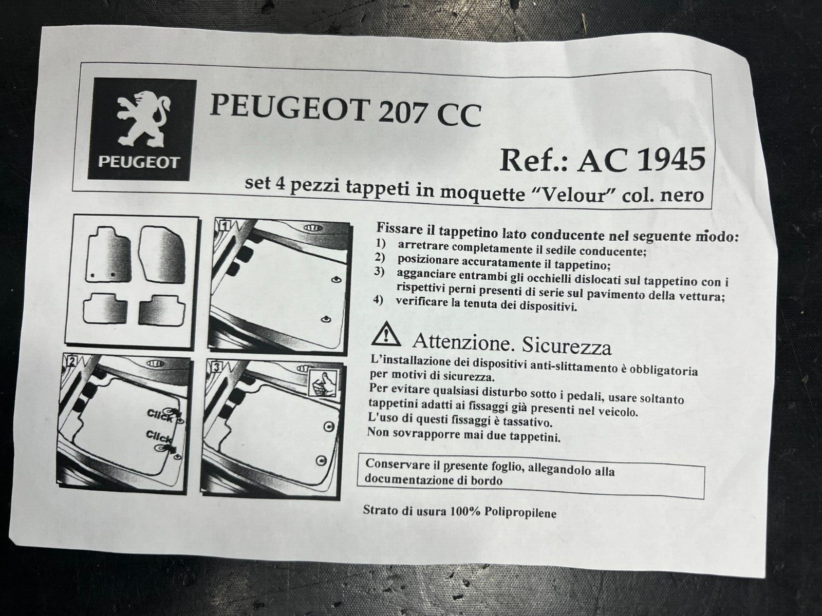 AC1945 KIT COMPLETO 4 TAPPETINI IN MOQUETTE PEUGEOT 207 CC NUOVI ORIGINALI