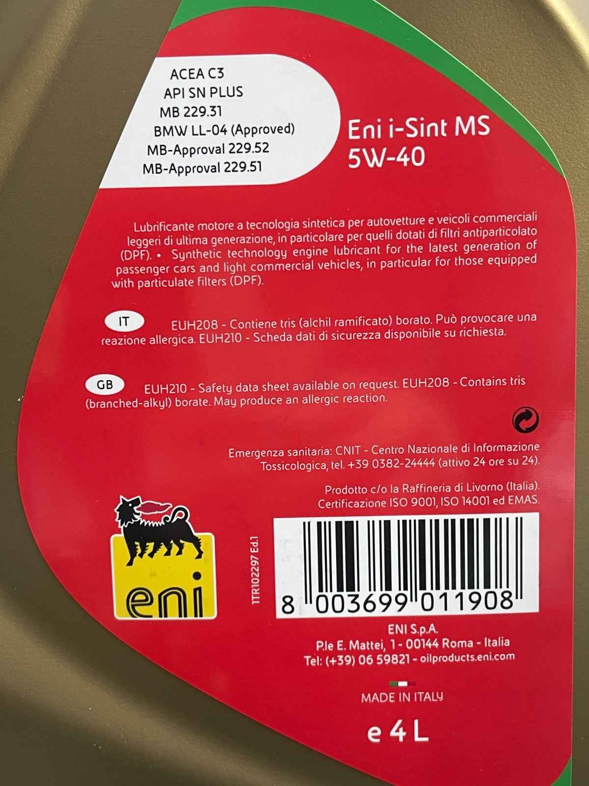OLIO MOTORE 4L ENI I-SINT MS 5W40 SYNTHETIC TECHNOLOGY - ACEA C3 - API SN PLUS